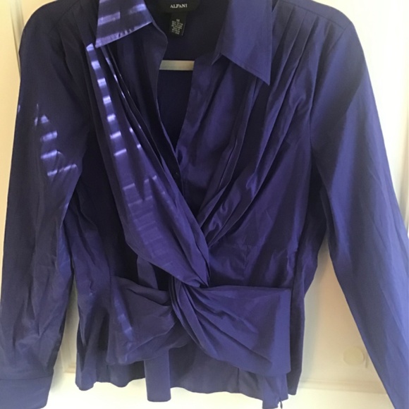 Twist Front Alfani Cotton Blue Purple Blouse Knot Front Bottom side Zip 16 - Picture 3 of 3